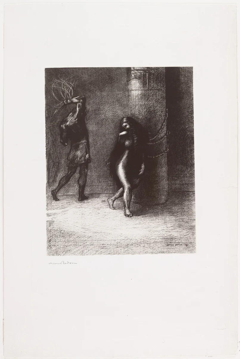 Saint Anthony . . . Beneath Her Long Hair Which Covered Her Face, I Thought I Recognized Ammonaria (Sainte-Antoine . . . A travers ses longs cheveux qui lui couvrait la figure, j'ai cru reconnaître Ammonaria) by Odilon Redon, print, 1888