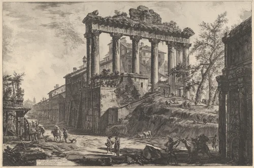 View of the so-called Temple of Concord with the Temple of Saturn, on the right the Arch of Septimius Severus by Giovanni Battista Piranesi, print, 1760-1778