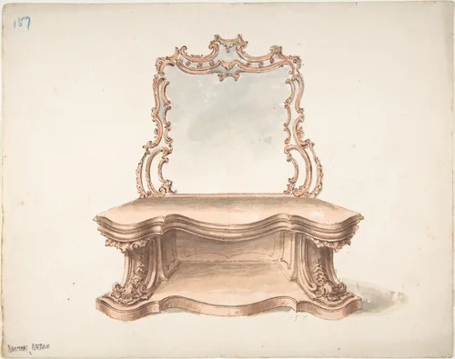 Design for Curvilinear Side Table with Mirror by anonymous, drawing, 1815-1840