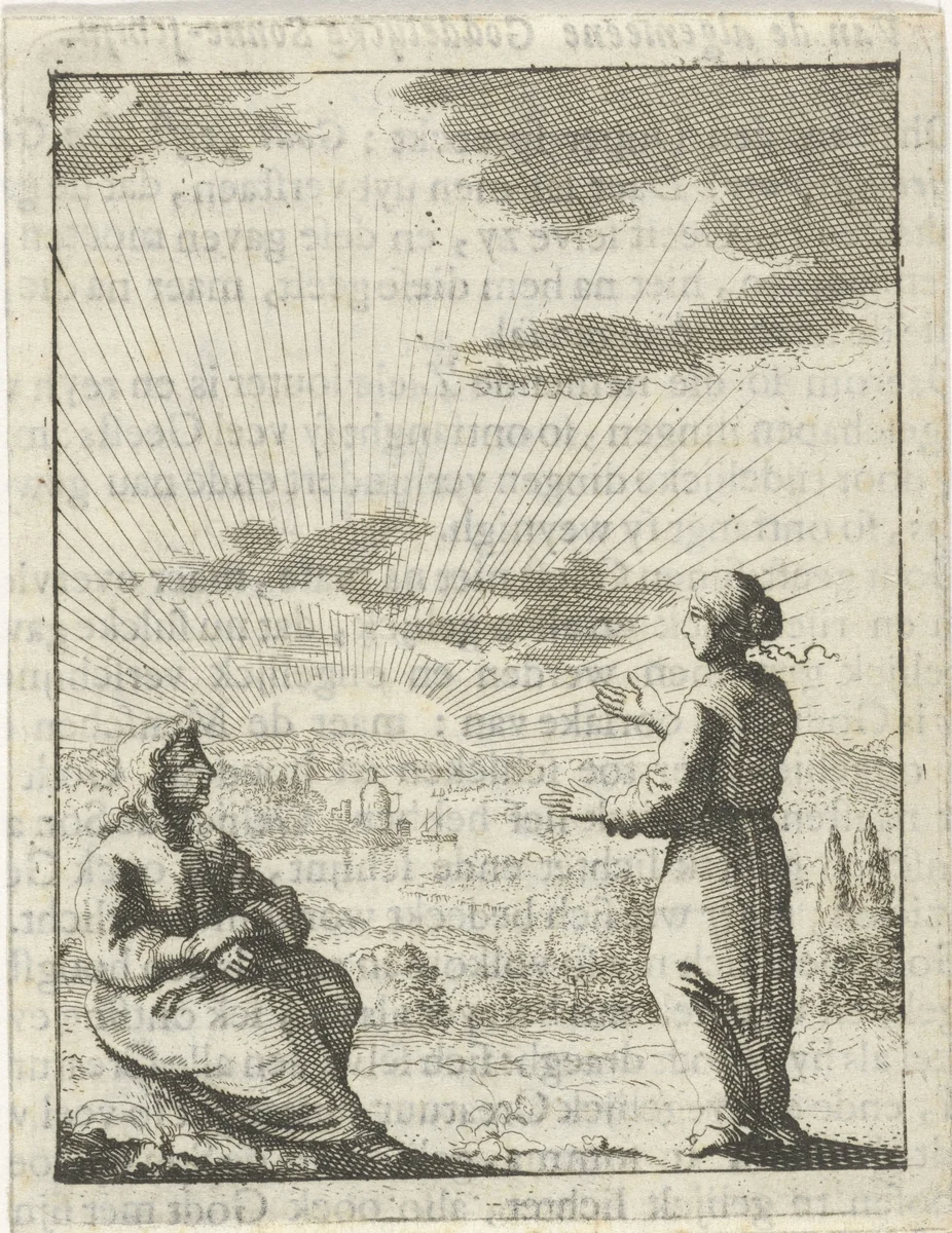 Christus en de gepersonifieerde ziel aanschouwen de opkomende zon by Jan Luyken, print, 1678-1687