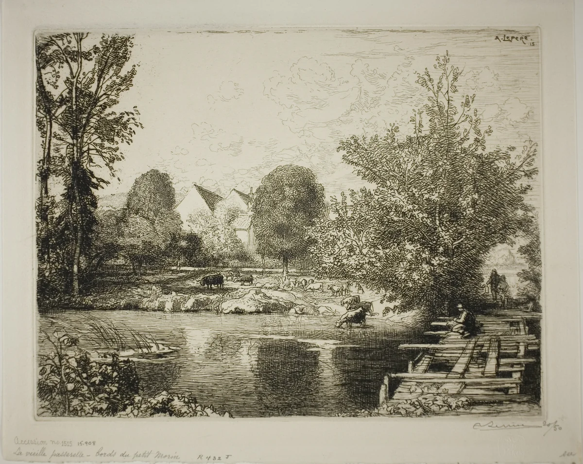 The Old Footbridge, Banks of the Petit Morin by Louis Auguste Lepère, print, 1915
