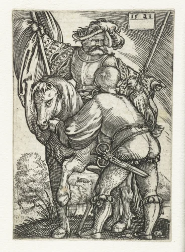 Vaandeldrager te paard met voetknecht by Unknown, print, 1521