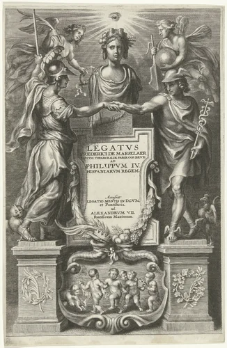 Minerva en Mercurius reiken elkaar de hand by Cornelis Galle, print, 1666