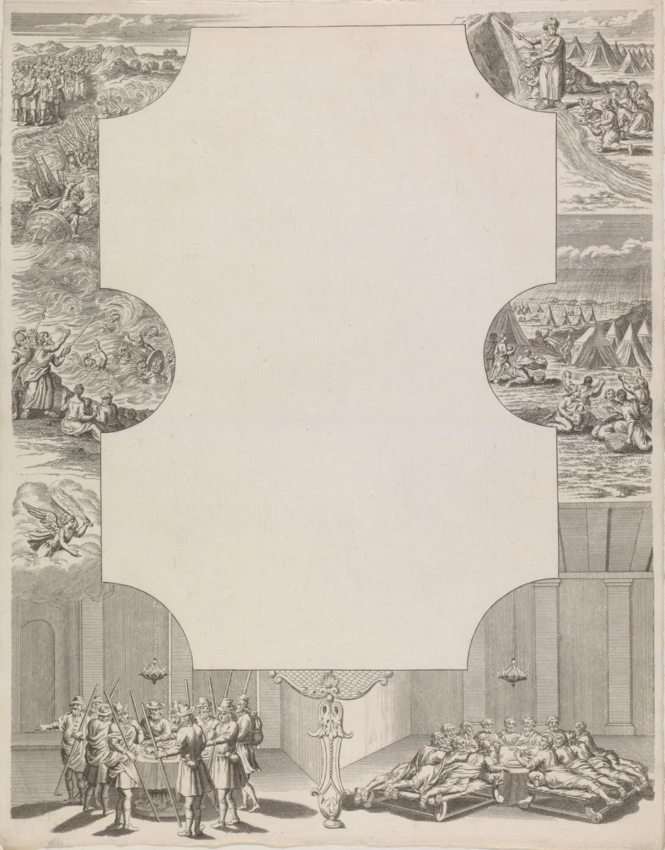 Wensbrief met doortocht door de Rode Zee, Mozes en het Laatste Avondmaal by anonymous, print, 1700-1899