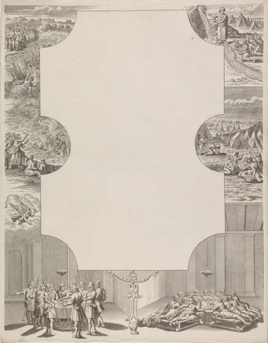 Wensbrief met doortocht door de Rode Zee, Mozes en het Laatste Avondmaal by anonymous, print, 1700-1899