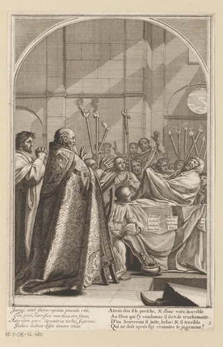 Raymond Diocrès kondigt zijn verdoemenis aan by François Chauveau, print, 1623-1676