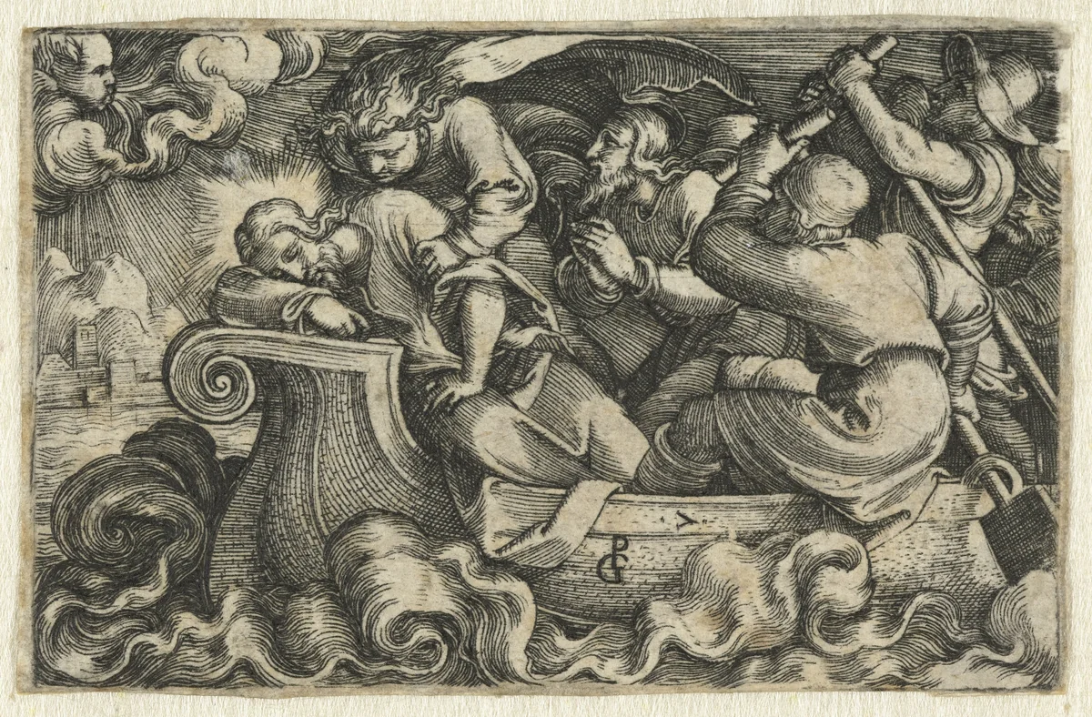 Discipelen wekken slapende Christus tijdens storm op Meer van Galilea by Unknown, print, 1534-1535