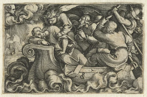 Discipelen wekken slapende Christus tijdens storm op Meer van Galilea by Unknown, print, 1534-1535