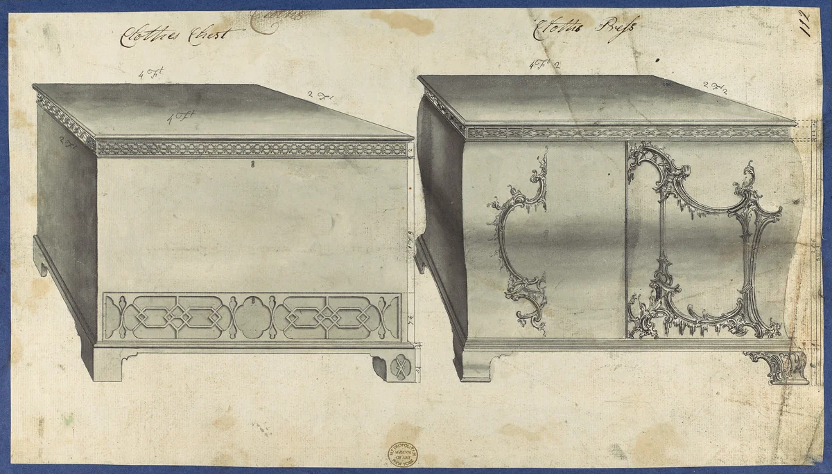 Clothes Chest and Clothes Press, from Chippendale Drawings, Vol. II by Thomas Chippendale, drawing, 1753