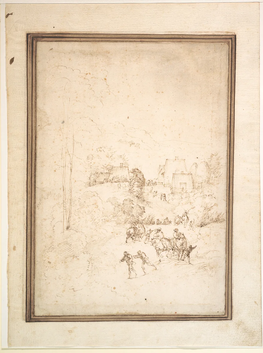 Approach to a Mountain Village with Horsemen on the Road by Fra Bartolomeo, drawing, 1498-1504