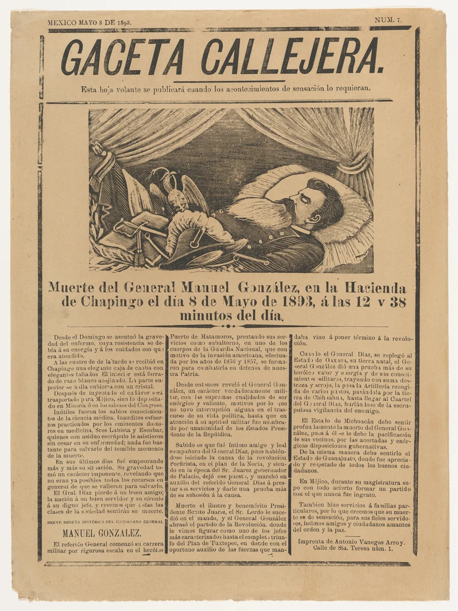 Page (broadsheet) from the 'Gaceta Callejera' (street gazette) relating to the death of General González in Chapingo on May 8, 1893 by José Guadalupe Posada, print, 1893