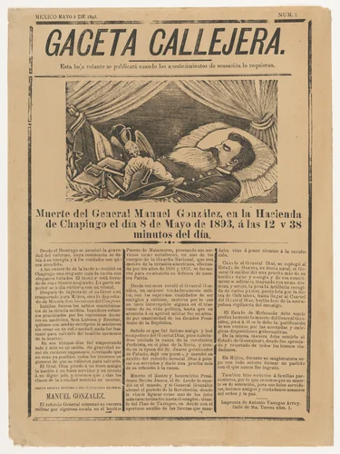 Page (broadsheet) from the 'Gaceta Callejera' (street gazette) relating to the death of General González in Chapingo on May 8, 1893 by José Guadalupe Posada, print, 1893