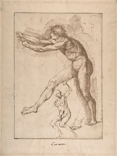Studies of a Nude Male Figure by anonymous, drawing, 1600-1700