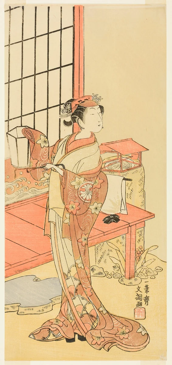 The Actor Segawa Kikunojo II, Possibly as Princess Ayaori in the Play Ima o Sakari Suehiro Genji (The Genji Clan Now at Its Zenith), Performed at the Nakamura Theater from the First Day of the Eleventh Month, 1768 by Ippitsusai Buncho, print, 1763-1773