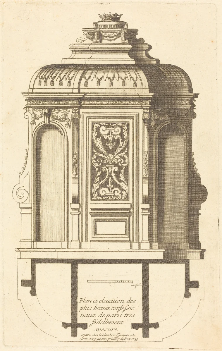 Plan et elevation des plus beaux confessionnaux de Paris, tres fidelemant mesure by Jean Le Blond, print, 1688