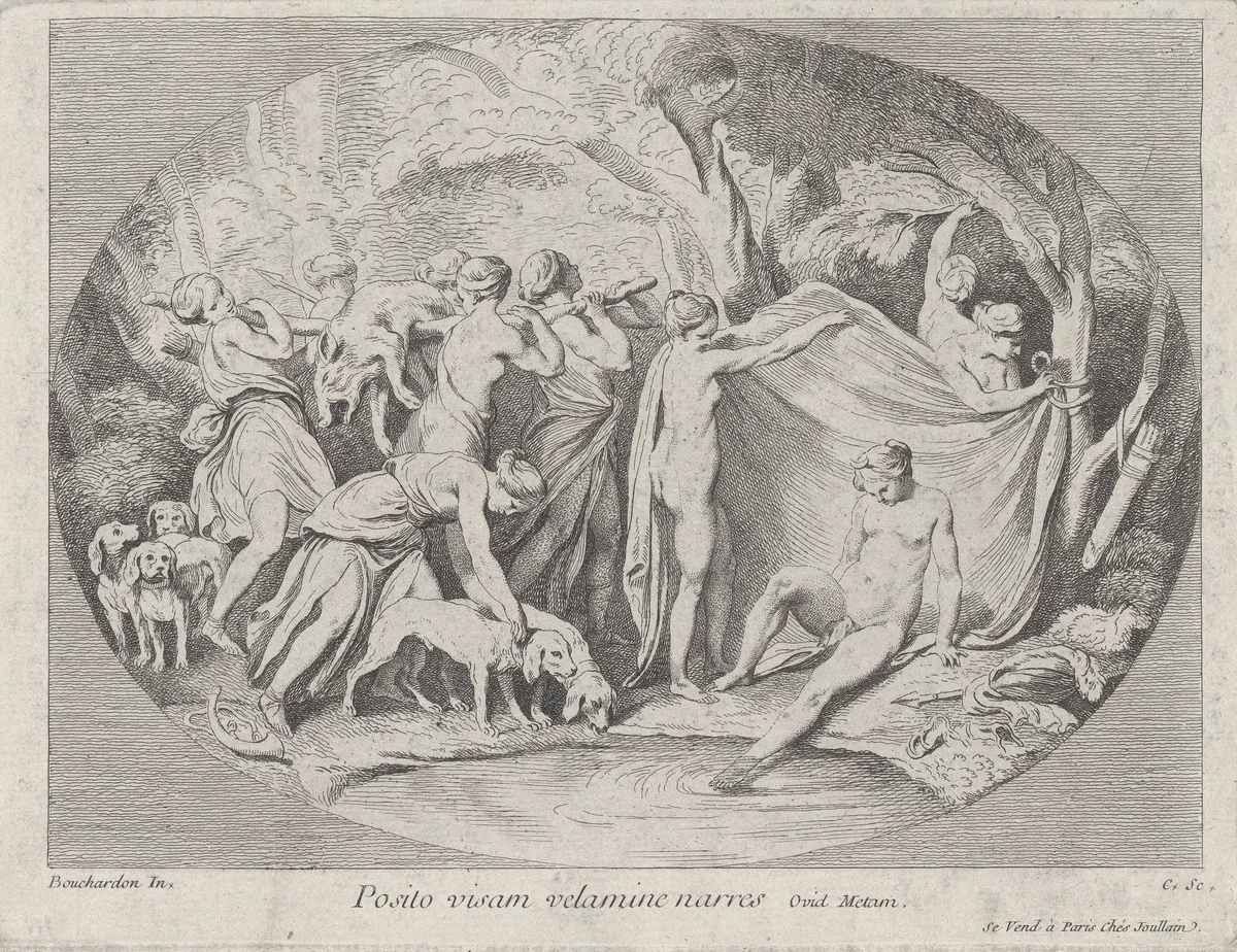 Diana at the Bath After Returning from the Hunt by Anne Claude Philippe de Tubières, print, 1725-1765