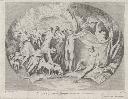 Diana at the Bath After Returning from the Hunt by Anne Claude Philippe de Tubières, print, 1725-1765