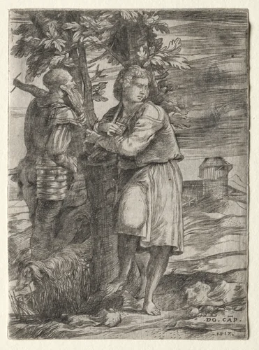 Shepherd and Old Warrior by Domenico Campagnola, print, 1517