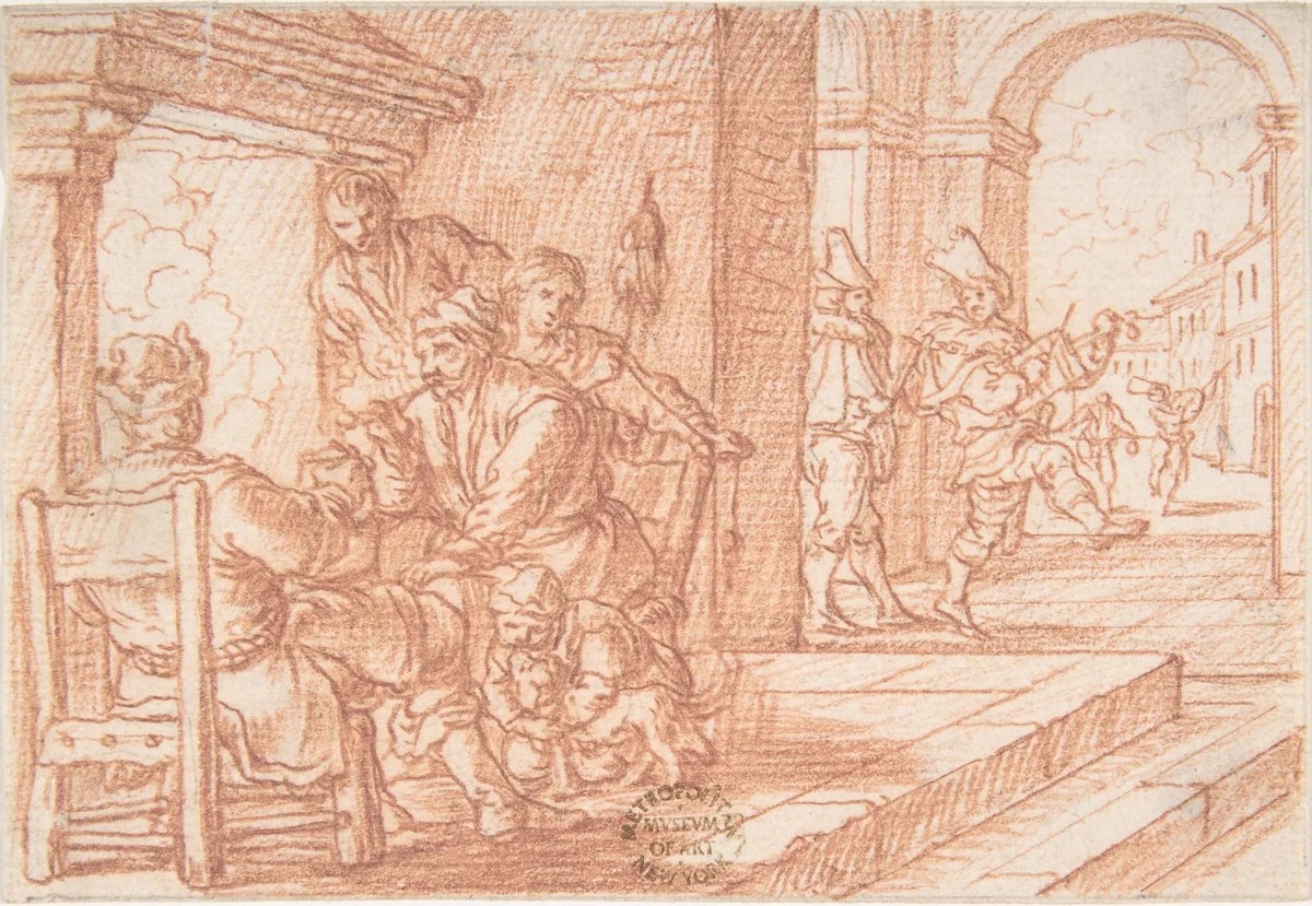 February (one of a series representing the labors of the months) by Jonas Umbach, drawing, 1690