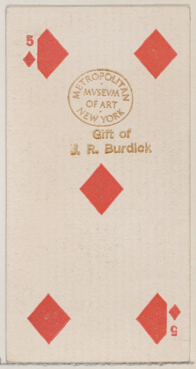 Five Diamonds (red), from the Playing Cards series (N84) for Duke brand cigarettes by W. Duke, Sons & Co., print, 1888