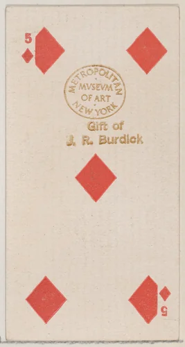 Five Diamonds (red), from the Playing Cards series (N84) for Duke brand cigarettes by W. Duke, Sons & Co., print, 1888