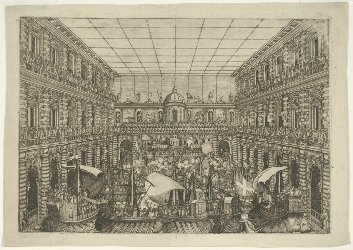 Naumachia in the Courtyard of Palazzo Pitti by Orazio Scarabelli, print, 1592
