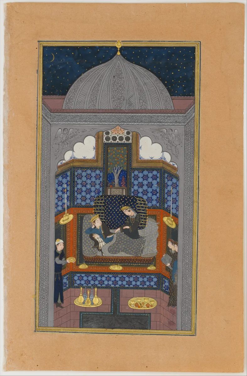 "Bahram Gur and the Indian Princess in the Dark Palace on Saturday", Folio 23v from a Haft Paikar (Seven Portraits) of the Khamsa (Quintet) of Nizami of Ganja by Nizami, manuscript, 1405-1455