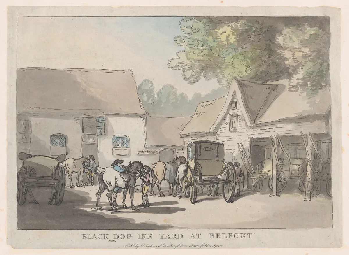 Black Dog Inn Yard At Belfont by Thomas Rowlandson, print, 1785-1787