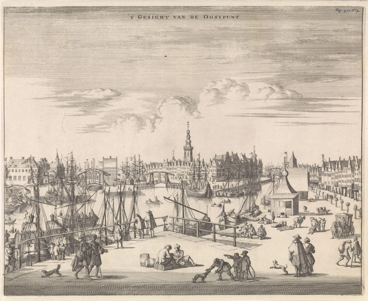 Gezicht op de haven van en de stad Middelburg by Jan Luyken, print, 1696