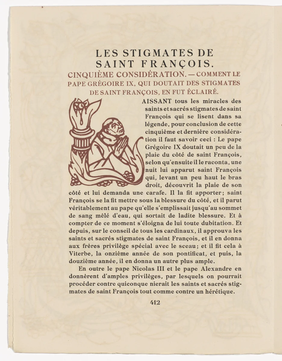 Pictorial initial (page 412) from Les Petites Fleurs de St. François (The Little Flowers of St. Francis) by Émile Bernard, illustrated book, 1928