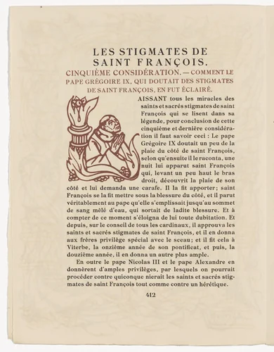 Pictorial initial (page 412) from Les Petites Fleurs de St. François (The Little Flowers of St. Francis) by Émile Bernard, illustrated book, 1928