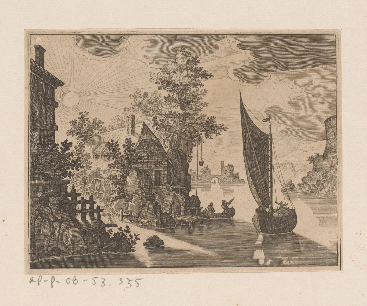 Zonsondergang boven een molen aan een rivier met schip by Matthäus Merian, print, 1603-1650
