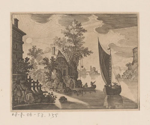Zonsondergang boven een molen aan een rivier met schip by Matthäus Merian, print, 1603-1650