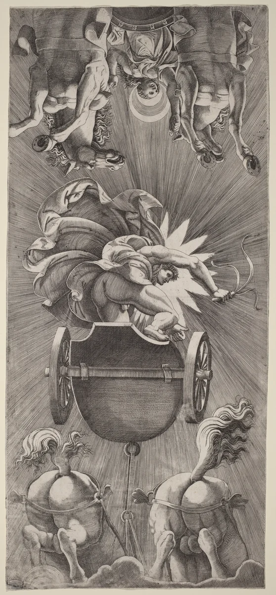 The Setting of the Sun with Chariots of Apollo and Diana by Adamo Scultori; Giulio Romano, print, 1530-1585