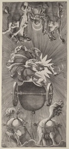 The Setting of the Sun with Chariots of Apollo and Diana by Adamo Scultori; Giulio Romano, print, 1530-1585