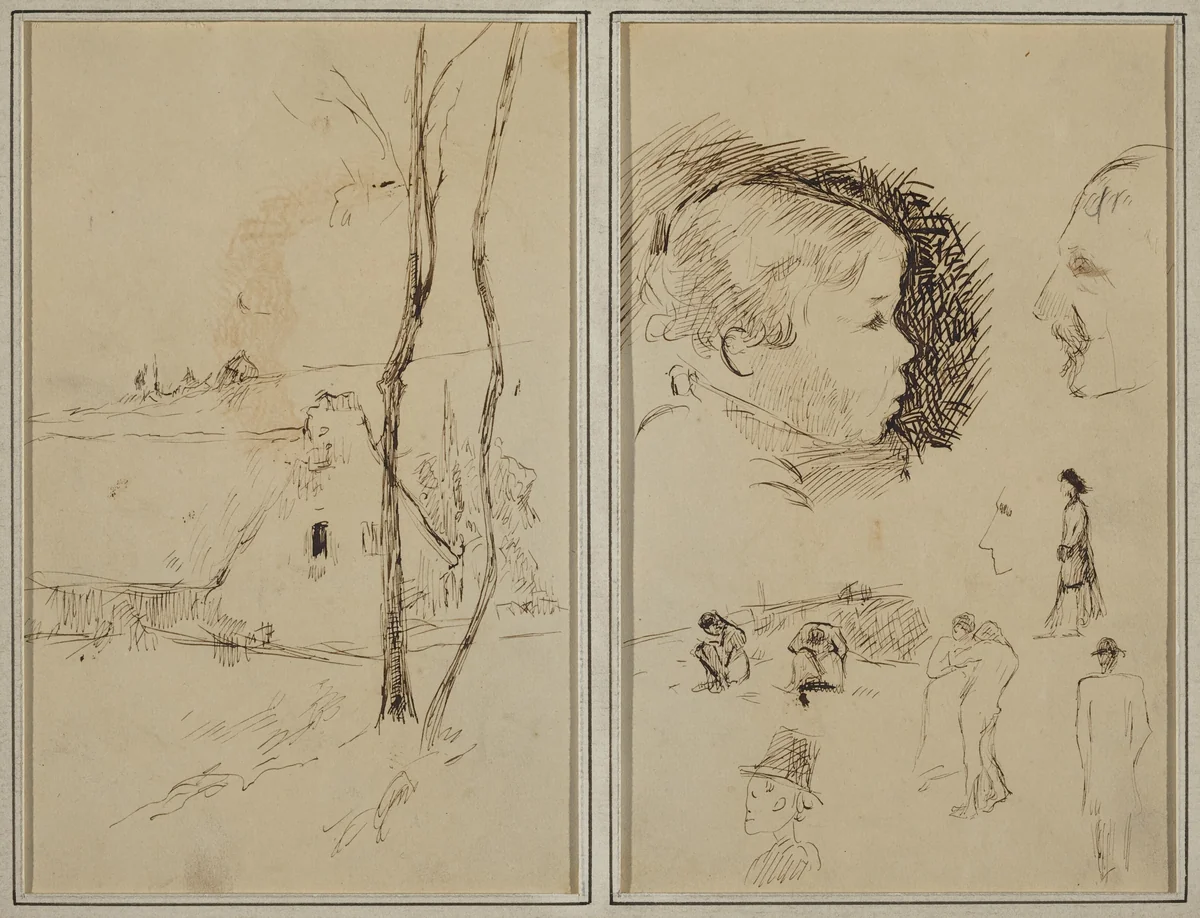 Landscape with a Cottage; Profile of Boy, Profile of Man, Two Women in a Landscape, and Five Other Studies [verso] by Paul Gauguin, drawing, 1884-1888