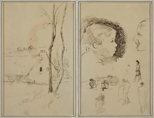 Landscape with a Cottage; Profile of Boy, Profile of Man, Two Women in a Landscape, and Five Other Studies [verso] by Paul Gauguin, drawing, 1884-1888