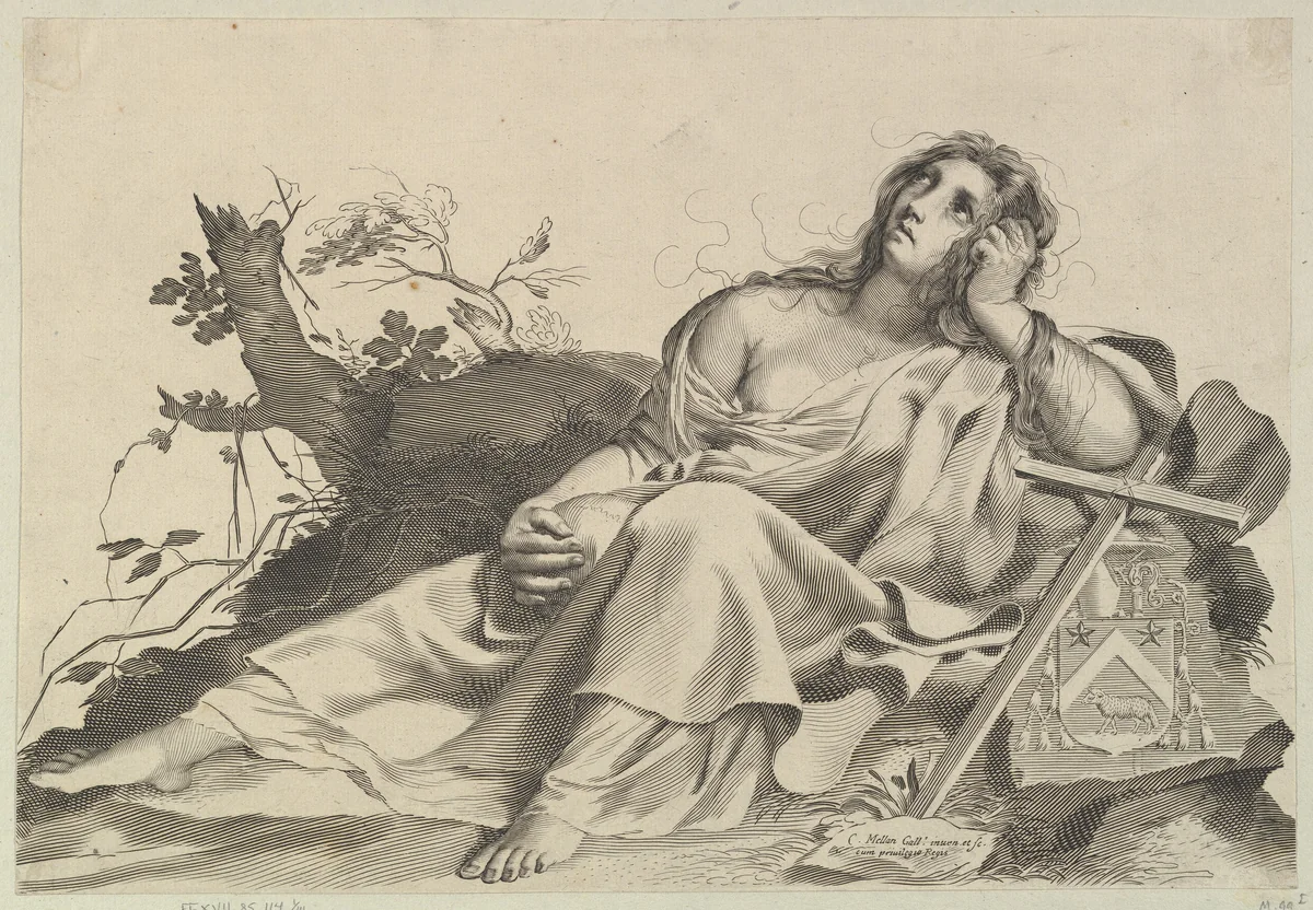 Mary Magdalen Meditating by Claude Mellan, print, 1600-1688