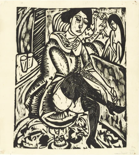 Woman Buttoning Her Shoe (Frau, Schuh zuknöpfend) by Ernst Ludwig Kirchner, print, 1912