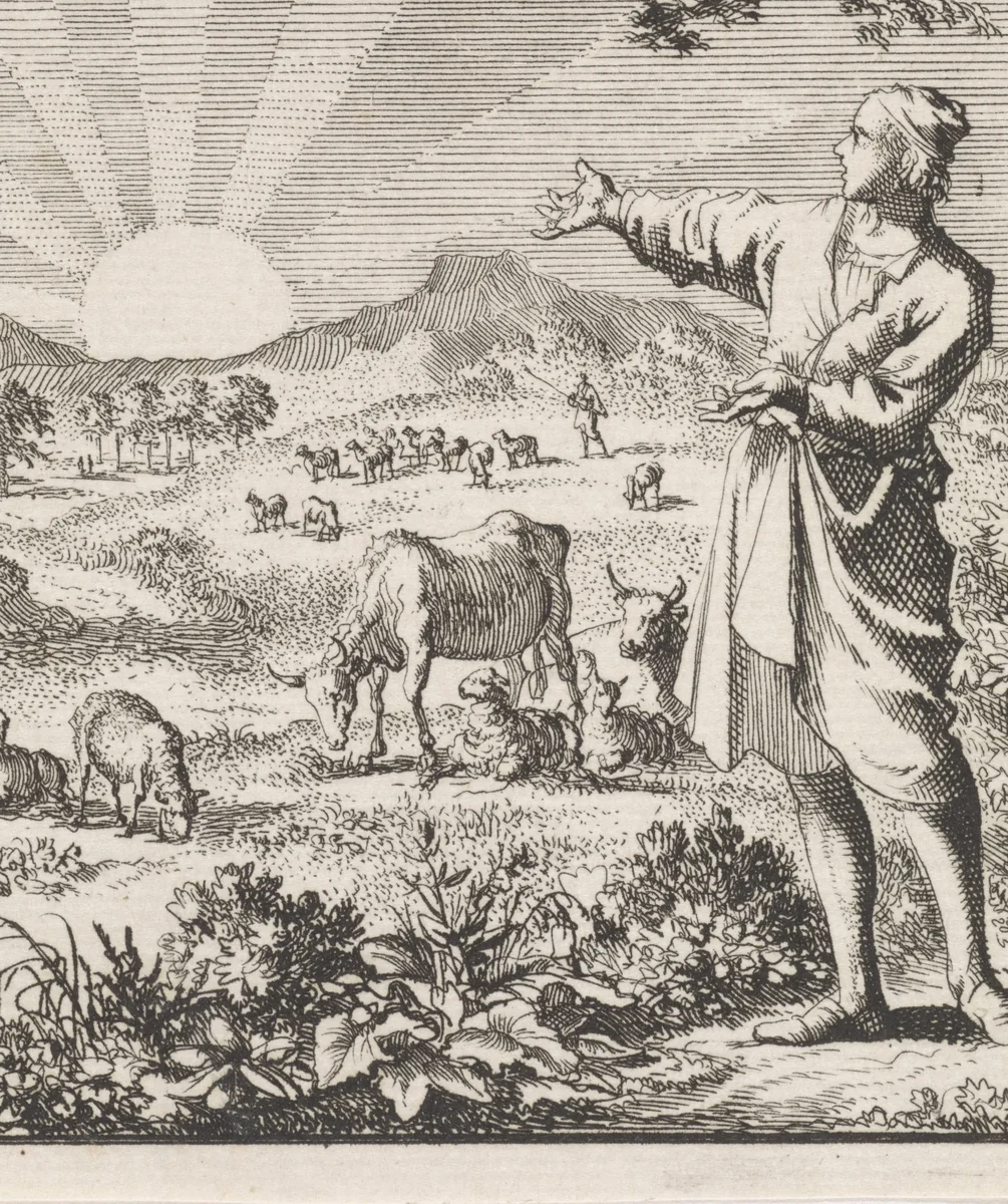 Landschap met een zonsopgang by Jan Luyken, print, 1700