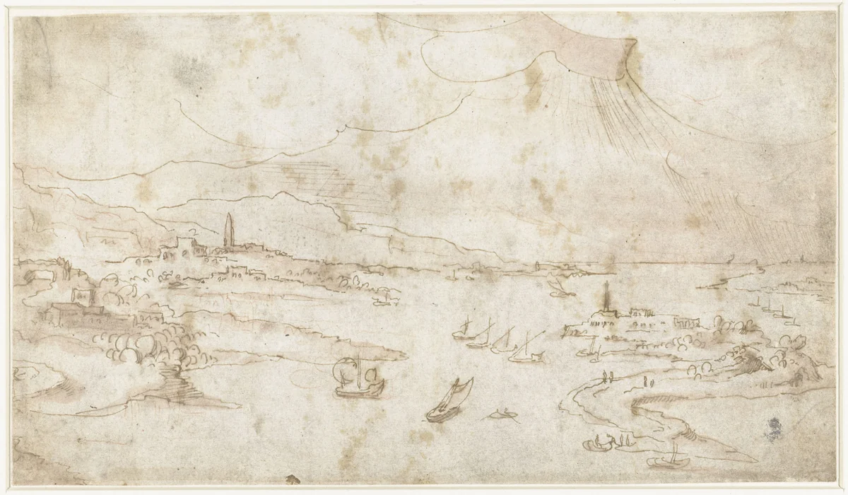 Kustlandschap met wolken erboven by anonymous, drawing, 1500-1600