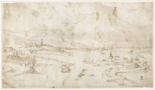 Kustlandschap met wolken erboven by anonymous, drawing, 1500-1600