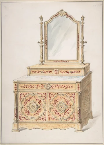 Design for a Marble-topped Cabinet and Mirror by anonymous, drawing, 1840-1899