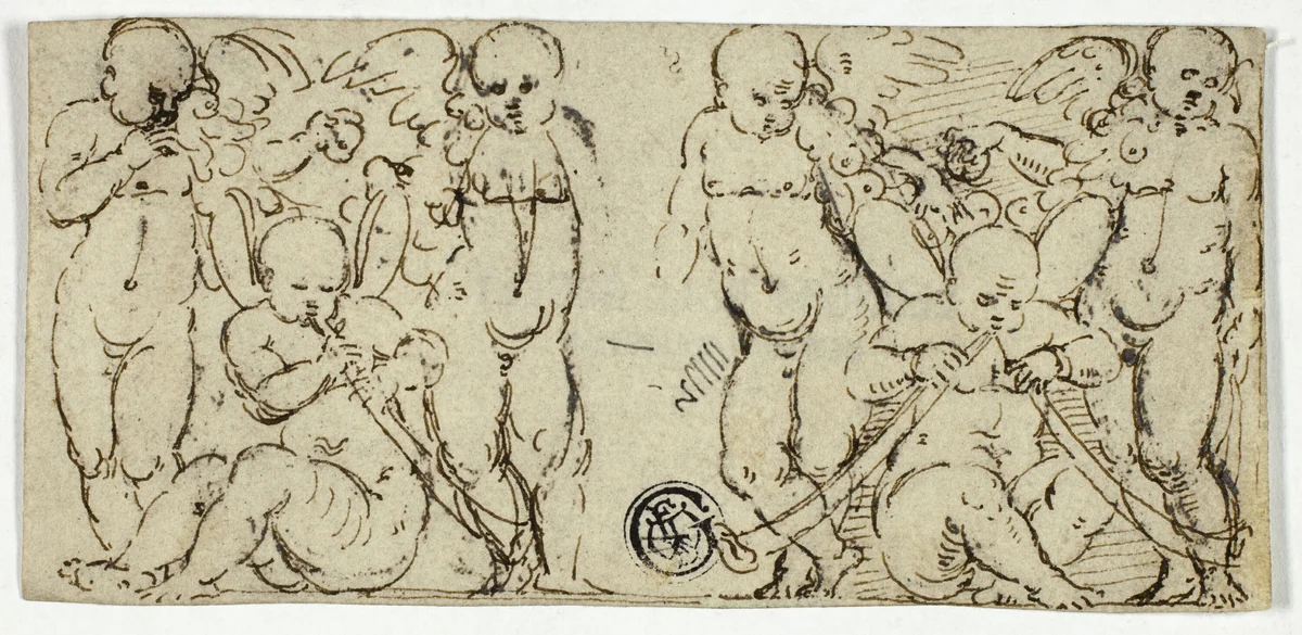 Two Decorative Groups of Putti with Trumpets and Fruit by Unknown Artist, drawing, 1500-1599
