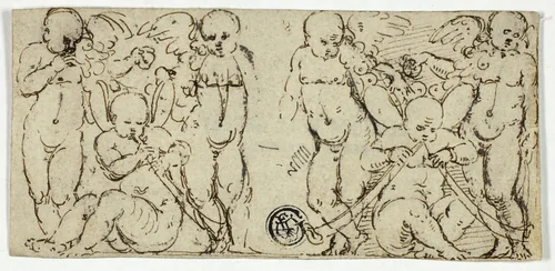 Two Decorative Groups of Putti with Trumpets and Fruit by Unknown Artist, drawing, 1500-1599