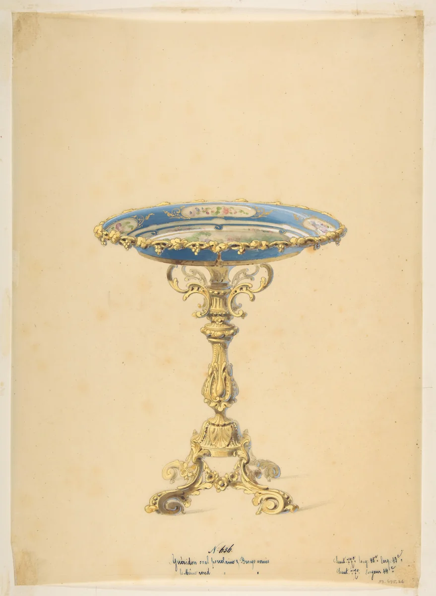 Design for a Round Porcelain Table with Polished Bronze by anonymous, drawing, 1800-1899