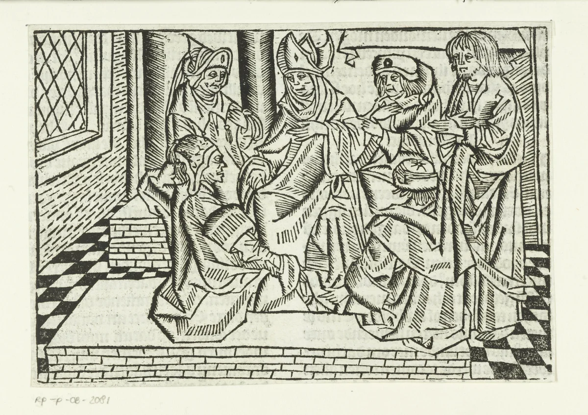 Judas bij de hogepriesters by Unknown, print, 1480-1500