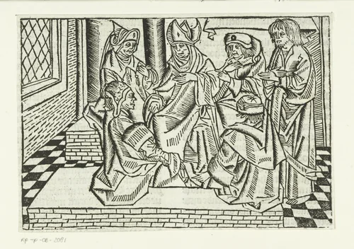 Judas bij de hogepriesters by Unknown, print, 1480-1500