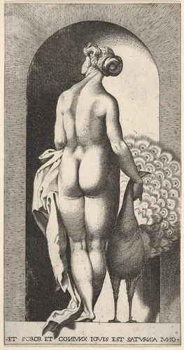 Plate 4: Juno standing in a niche, viewed from behind, stroking a peacock to her right, from "Mythological Gods and Goddesses" by Giovanni Jacopo Caraglio, print, 1526