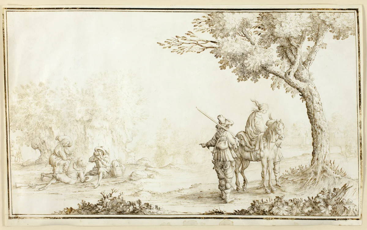 Landscape with Travelers by Valerio Spada, drawing, 1630-1635